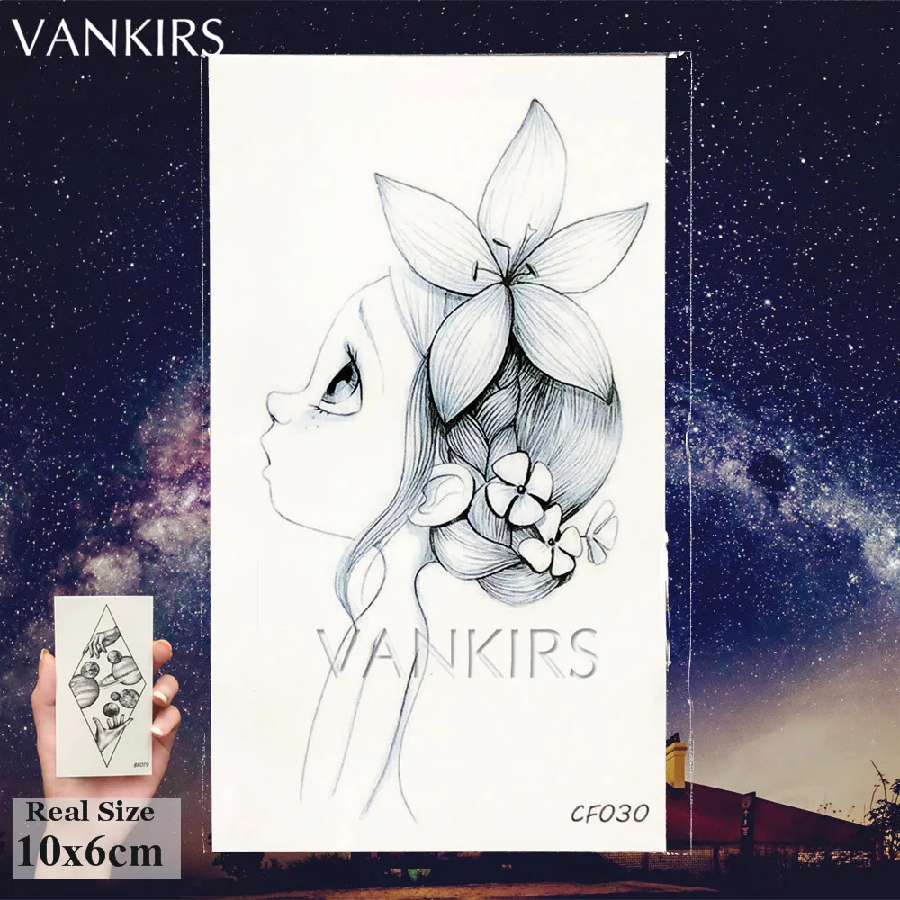 Generic Black Pencil Sketch Elf Flower Girls Cute Temporary Tattoos