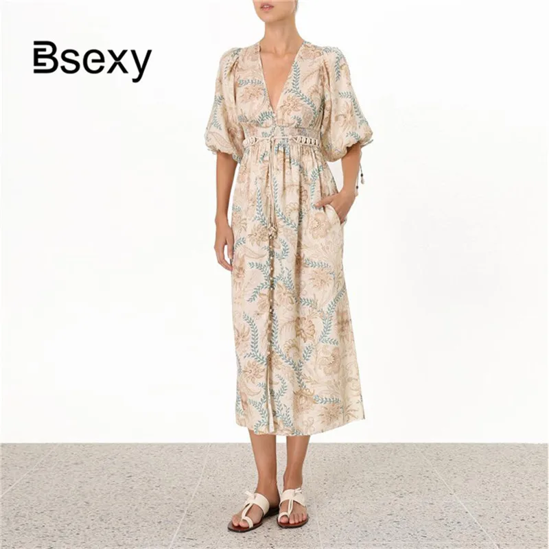

Bohemia Summer Dress 2019 New Women Dresses V neck Lantern Sleeve Tunic Midi Dress Vacation Floral Printed Boho Beach Dress
