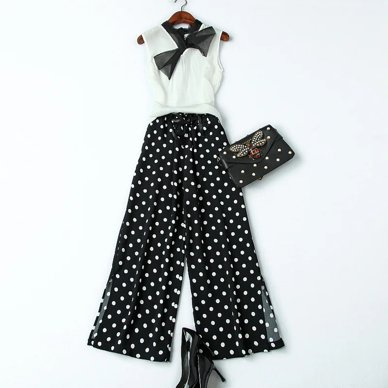 Women Set Summer 2019 New Fashion Casual Hit Color Bow Sleeveless Chiffon Top + Elastic Waist Polka Dot Split Wide Leg Pants
Women Set Summer 2019 New Fashion Casual Hit Color Bow Sleeveless Chiffon Top + Elastic Waist Polka Dot Split Wide Leg Pants