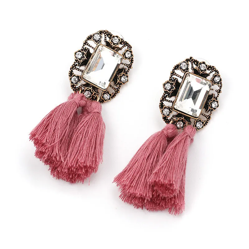 16 Colors, Crystal Square Tassel Stud Fringe Earrings