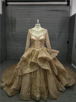 2019 Real Luxurious Gold Evening Dress Long Sleeve Lace Applique Beading Sparkly Prom Gowns Dubai Women Wear 
2019 Real Luxurious Gold Evening Dress Long Sleeve Lace Applique Beading Sparkly Prom Gowns Dubai Women Wear