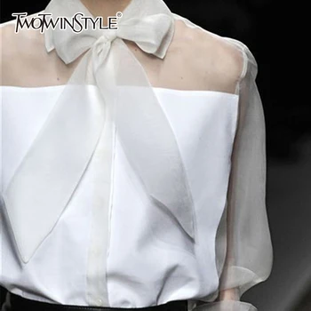 TWOTWINSTYLE Tulle Shirt For Women Lace Up Bow Patchwork Lantern Sleeve Single Breasted White Blouse 2020 Spring OL Clothing
TWOTWINSTYLE Tulle Shirt For Women Lace Up Bow Patchwork Lantern Sleeve Single Breasted White Blouse 2020 Spring OL Clothing