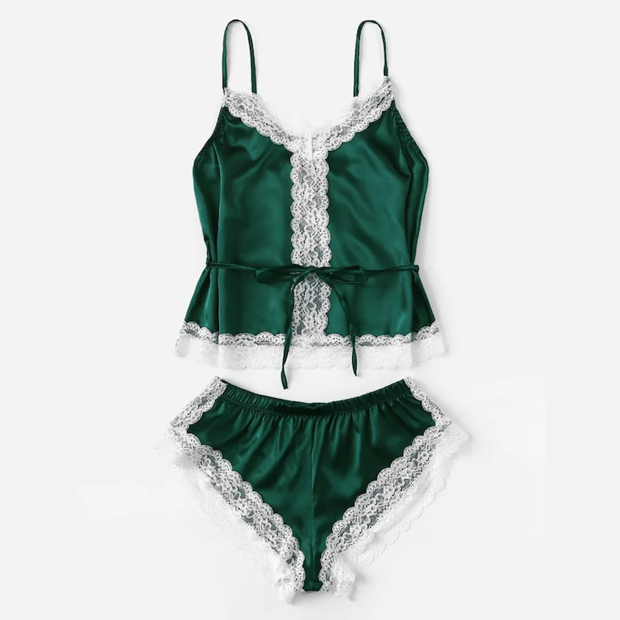 Lace Trim Satin Cami Top With Shorts Spaghetti Shirt Pajamas Set Contrast Lace Nightwear Summer Sleepwear for women 
Lace Trim Satin Cami Top With Shorts Spaghetti Shirt Pajamas Set Contrast Lace Nightwear Summer Sleepwear for women