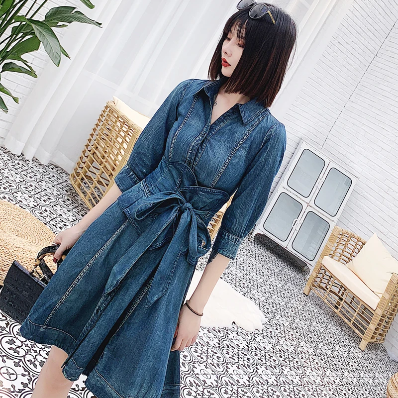 Fashion Denim Shirt Dress Autumn Blue Sash Three Quarter Sleeve Solid Short Jeans Dress Party Vestidos Robe Femme
Fashion Denim Shirt Dress Autumn Blue Sash Three Quarter Sleeve Solid Short Jeans Dress Party Vestidos Robe Femme