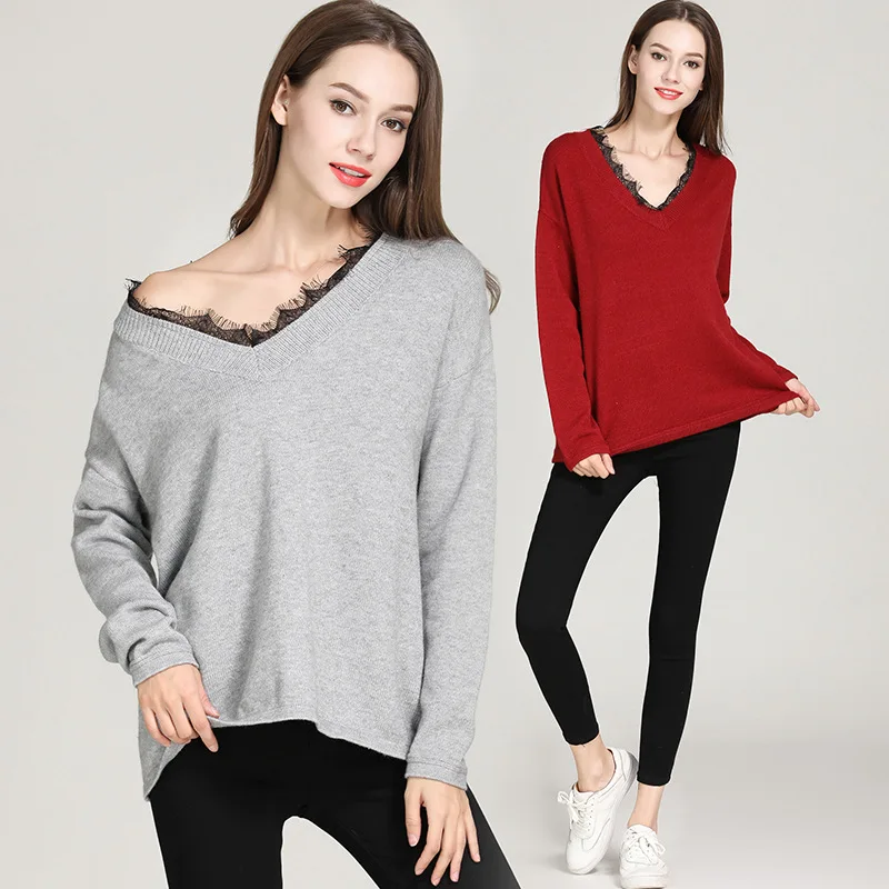Shinybling Knitted Sweater Patchwork Sexy V Neck Lace Women Autumn Winter Batwing Long Sleeve Loose Oversize | Женская одежда