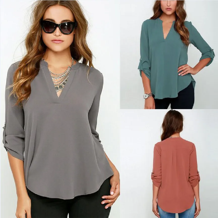 Plus Size - New Summer Fashion Women Casual V-Neck Long Sleeve Blouse Casual Womens Loose Tops Blouses Clothing (8-22W)