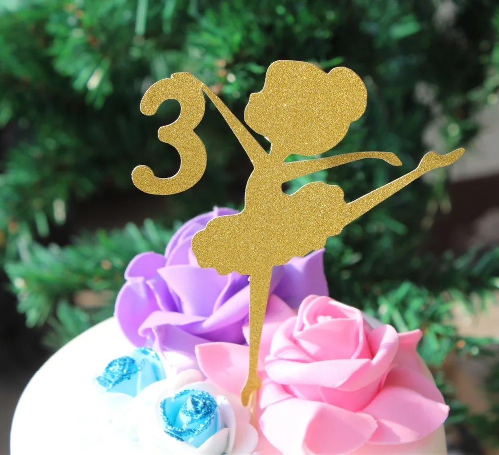 

Personalized age girls Ballerina birthday party cake Topper gold glitter paper one side 1st 2nd 3rd 4th 5th 6th birthday party