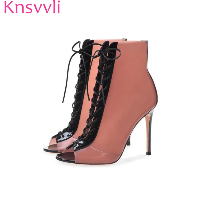 Spring New Style Patent Leather Lace-up High Heel Ankle Boots For Women Fish Mouth Mixed Color Stiletto Summer Boots Feminino
Spring New Style Patent Leather Lace-up High Heel Ankle Boots For Women Fish Mouth Mixed Color Stiletto Summer Boots Feminino