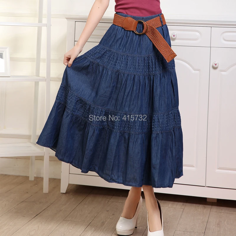 Free Shipping 2015 New Fashion Plus Size Denim Summer Jeans Long Maxi Skirts With hole Elasitc Waist Blue A-line Pleated Skirts
Free Shipping 2015 New Fashion Plus Size Denim Summer Jeans Long Maxi Skirts With hole Elasitc Waist Blue A-line Pleated Skirts