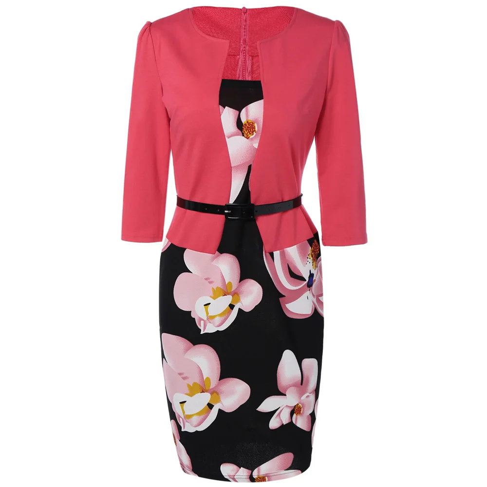 VESTLINDA Pencil Office Dress 5 Colors Plus Size Jacket Look Floral Print Women Vestidos Mujer Jurken Robe Slim Bodycon Dresses 2
