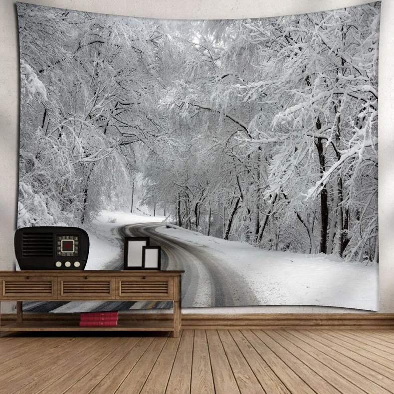 

Forest Christmas Tapestry Decor Snowy Trees Wooded Scenery Frosty Winter Design Wall Hanging for Bedroom Living Room Dorm