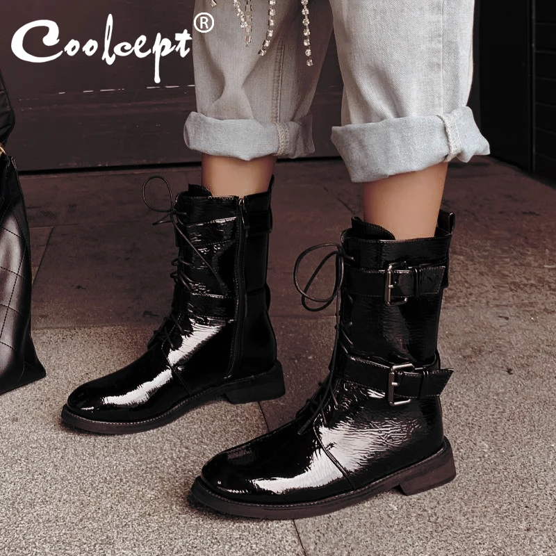 Coolcept Women Zipper Genuine Leather Mid Calf Boots Cross Strap Buckle Fashion Motorcycle Boots Footwear Short Boots Size 34-44
Coolcept Women Zipper Genuine Leather Mid Calf Boots Cross Strap Buckle Fashion Motorcycle Boots Footwear Short Boots Size 34-44