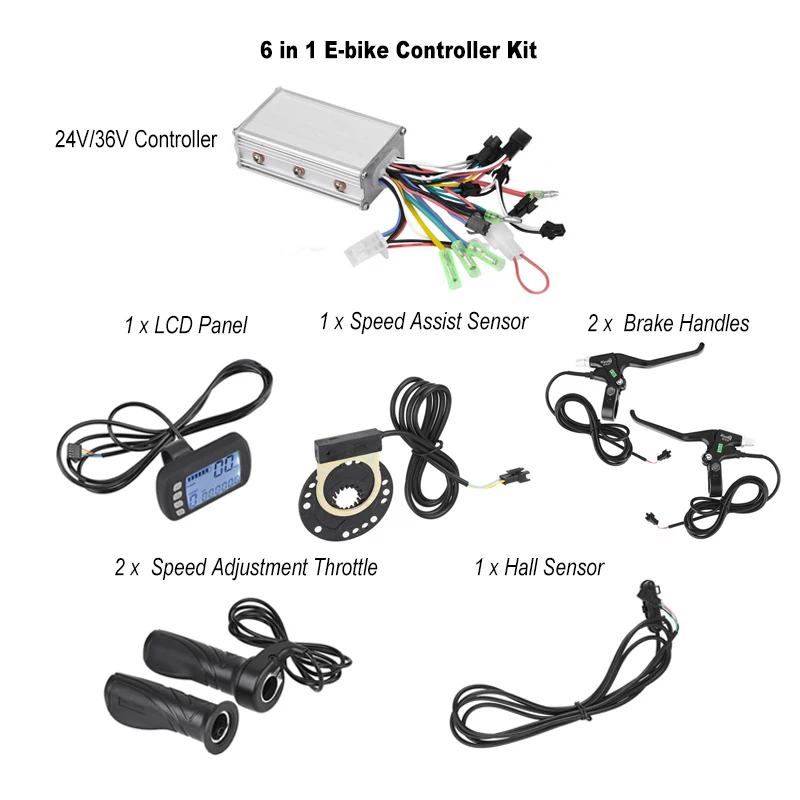 24V/36V Electric Bike Bicycle Brushless Controller with LCD Panel + Speed Adjustment Throttle + Handles+Speed Assist Sensor Kit
24V/36V Electric Bike Bicycle Brushless Controller with LCD Panel + Speed Adjustment Throttle + Handles+Speed Assist Sensor Kit