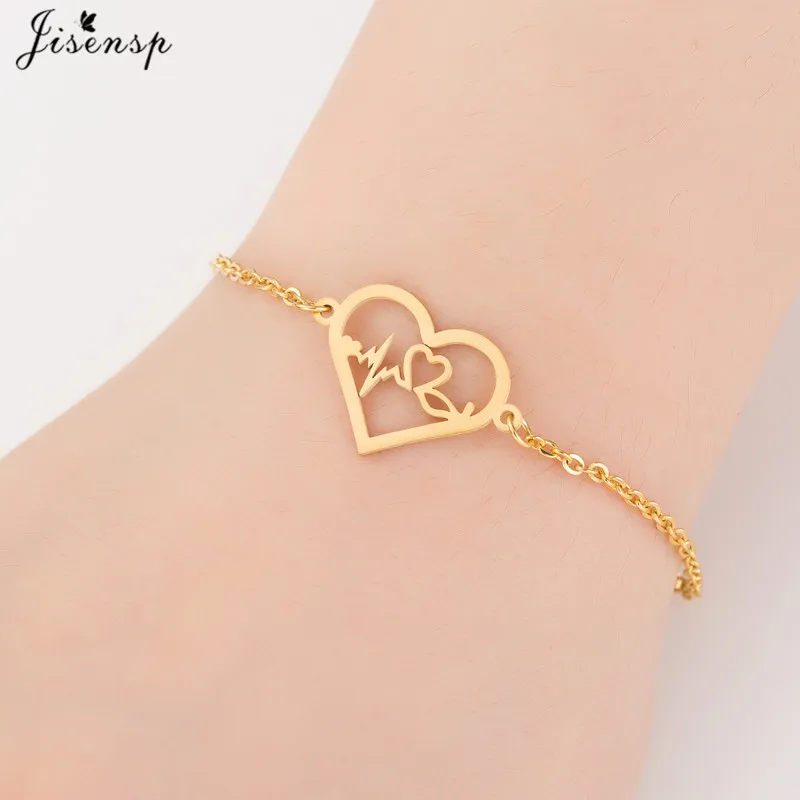 

Jisensp Gold Medical Heartbeat Bracelets for Nurse/Doctor Gift ECG Stainless Steel Chain Bracelet Bangle Women Heart Jewelry