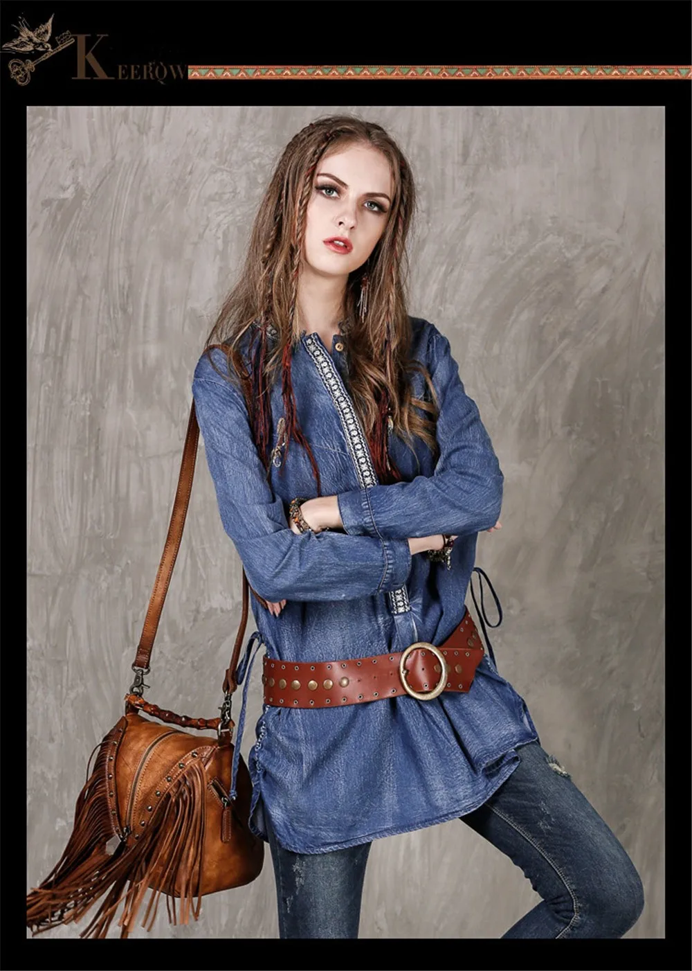 Vintage Loose Cow-Girl Blouse Boho Denim Women Blouses Long Sleeve O-Neck Blouse Women Embroidery Shirt Loose Blusas Feminina (1)