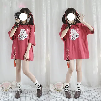 2019 Antique Style Cat Girls Theme Cross Ribbon Long T-shirt Women Girls' Three Quarter Sleeve Wine Red Summer Oversize Tops
2019 Antique Style Cat Girls Theme Cross Ribbon Long T-shirt Women Girls' Three Quarter Sleeve Wine Red Summer Oversize Tops