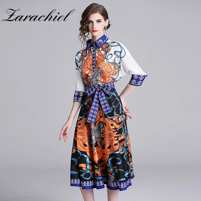 2019 Spring Runway Designer Skirt Two Pieces Set Women's Half Sleeve Retro Printed Blouses + Casual Mid-calf Skirt Set With Belt
2019 Spring Runway Designer Skirt Two Pieces Set Women's Half Sleeve Retro Printed Blouses + Casual Mid-calf Skirt Set With Belt