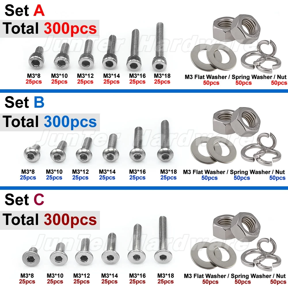 300pcs M3(3mm) A2 Stainless Steel Allen Bolts With Nuts Screws Flat Washer Spring Washer Assortment
300pcs M3(3mm) A2 Stainless Steel Allen Bolts With Nuts Screws Flat Washer Spring Washer Assortment