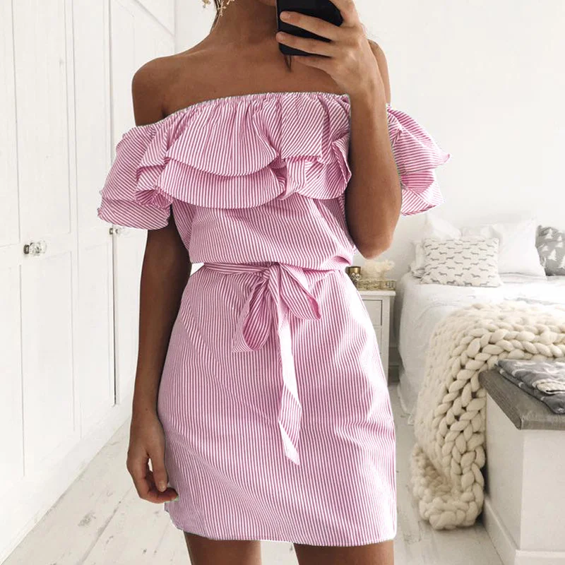 

New Short Sexy Ruffled striped slim dress Slash Neck Mini Dress Sleevelee Slim Slash Mini Party Dresses Straight Ladies Dress