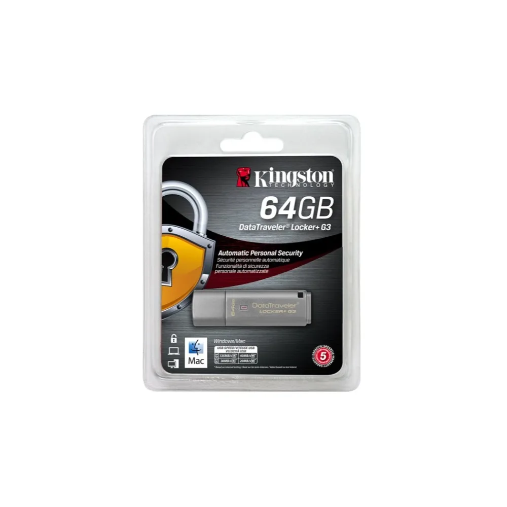 

Kingston Technology DataTraveler Locker+ G3 64GB, 64 GB, 3.0 (3.1 Gen 1) Conector USB Tipo A 135 MB/s Tapa Plata