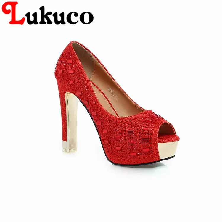 Lukuco sexy pure color women peep toe party pumps PU made super high spike heel shoes with rhinestones design