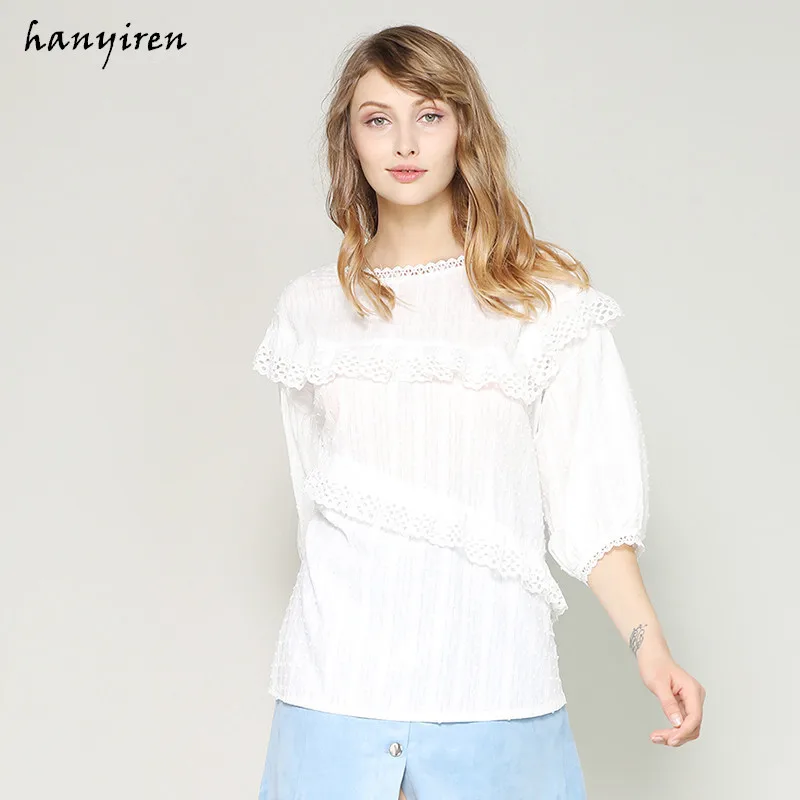 Фото Новинка 2019 летняя женская многослойная блузка Hanyiren с оборками и топ белая
