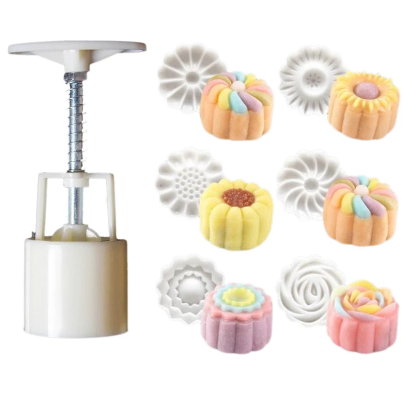 7PCS Hand-pressed Round Flower Mooncake Mold Hand Pressure Fondant Moon Cake Decoration Tools Cookie Cutter Pastry Baking Tool | Дом и сад