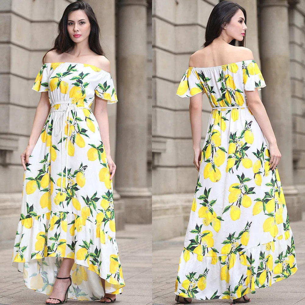 Boho lemon Printed Maxi dress Off the Shoulder Dresses summer Casual Women's Slash neck Belted Beach Long Dress vestido 2019
Boho lemon Printed Maxi dress Off the Shoulder Dresses summer Casual Women's Slash neck Belted Beach Long Dress vestido 2019