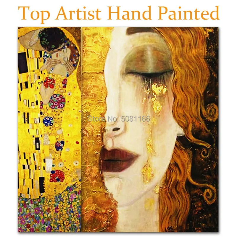 

Hand painted top famous oil painting gold golden tears by Gustav klimt copy canvas pictures kiss wall art bedroom decoration