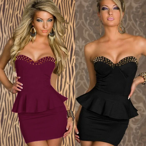 

Women Formal Strapless Rivet Mini Dress Black Red Office Dress Set Female OL Peplum Dresses Tunic Bodycon Sexy Elegant Dress