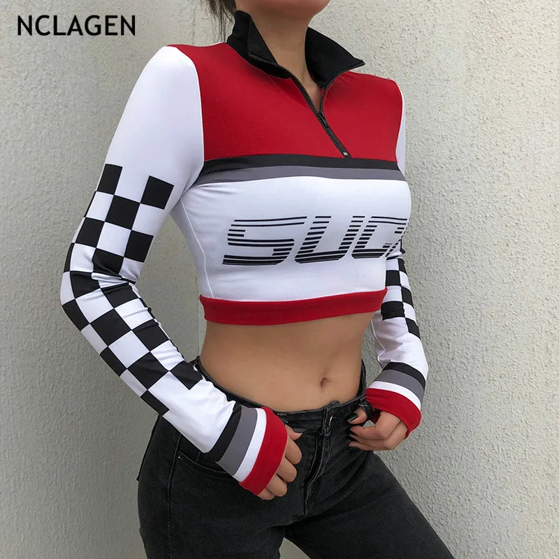 NCLAGEN 2018 New Women Sexy Checkerboard Plaid Letter Print T-shirt Navel Bare Crop Tops Stand Collar Panelled Color T Shirt
NCLAGEN 2018 New Women Sexy Checkerboard Plaid Letter Print T-shirt Navel Bare Crop Tops Stand Collar Panelled Color T Shirt