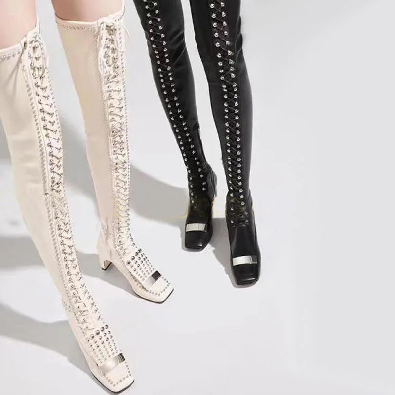 Sexy Runway Ladies Round Rivets Over the Knee Lace Up Boots Metal Sequined Sequare toe Strange Heels Botas Women Thigh Boots
Sexy Runway Ladies Round Rivets Over the Knee Lace Up Boots Metal Sequined Sequare toe Strange Heels Botas Women Thigh Boots