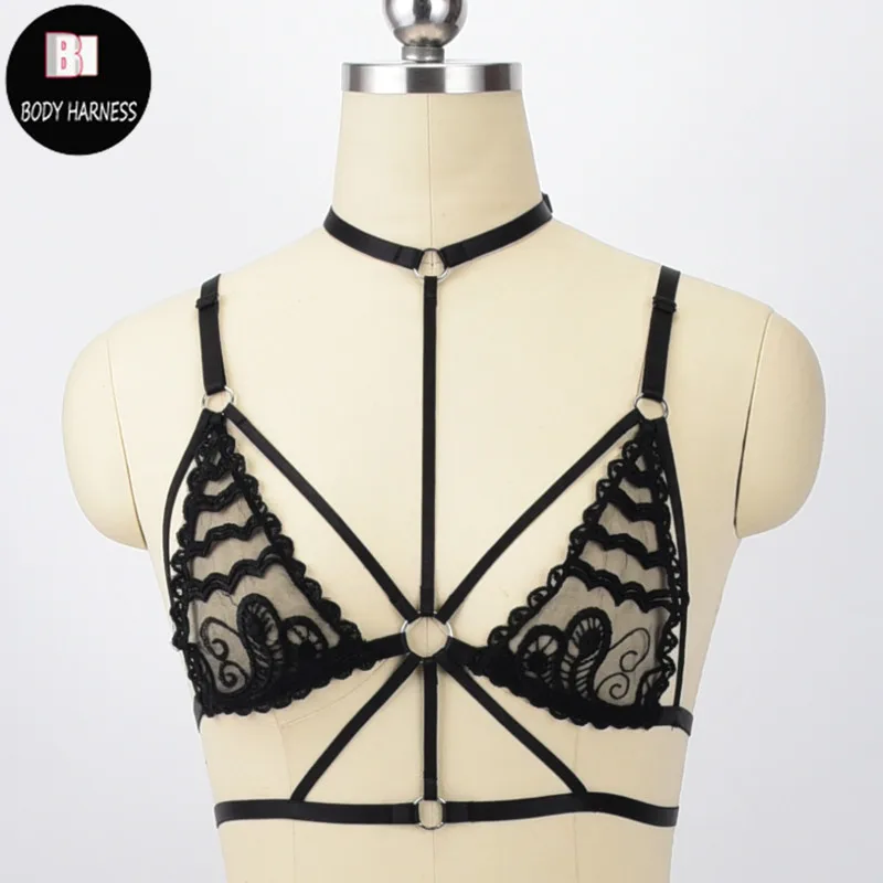 

Sexy Women Lingerie Black Push Harness Bra Lace Embroidery Strappy Gothic Body Harness Cage Bra Sheer perspective Bralette