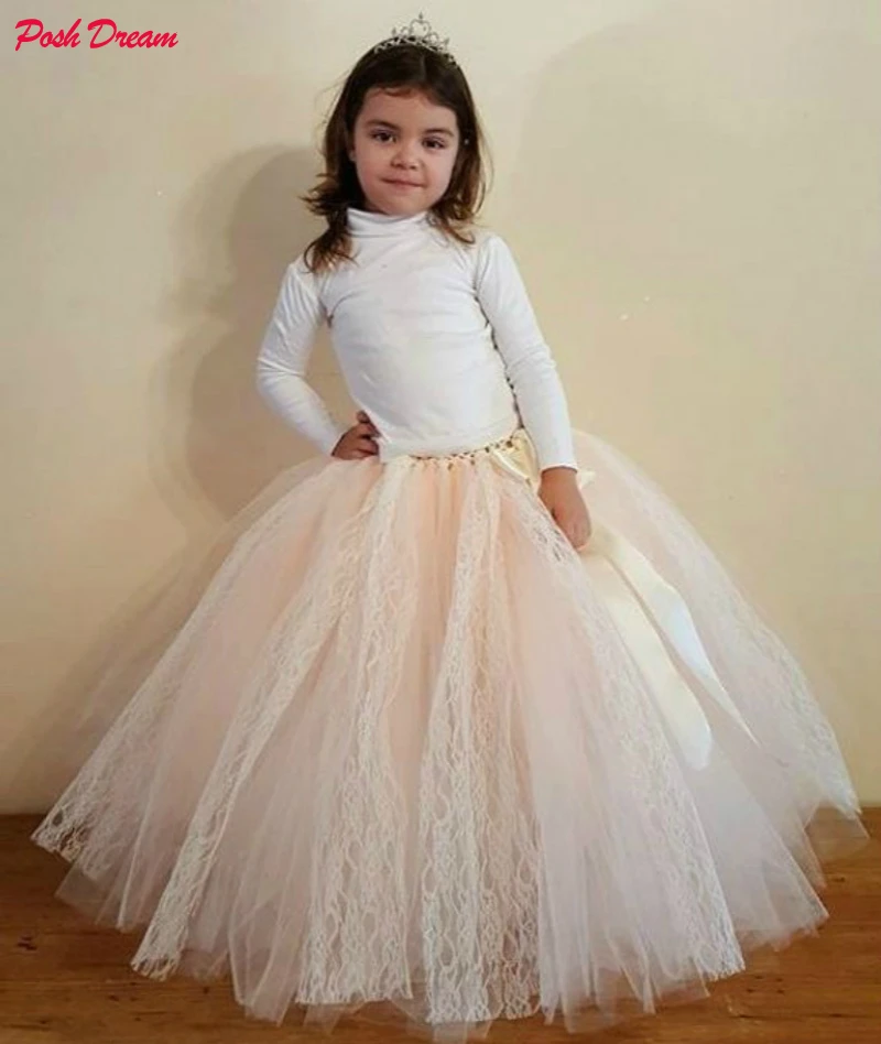 

POSH DREAM Ivory Champagne Lace Kids Girls Tutu Skirt Toddler Girls Lace Flower Girl Full Length Skirt Baby Girls Clothes Skirts