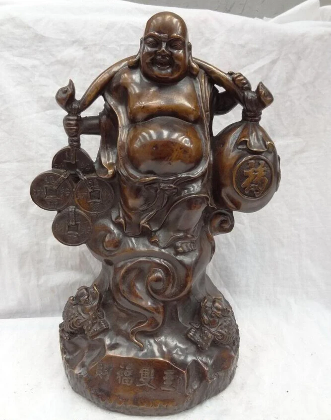 S4512 17" Chinese Bronze Wealth Fu Coin Bag Toad Happy Laughing Maitreya Buddha Statue D0318 
S4512 17" Chinese Bronze Wealth Fu Coin Bag Toad Happy Laughing Maitreya Buddha Statue D0318