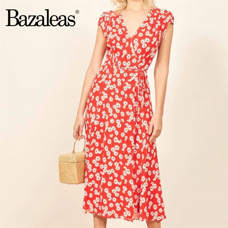 Bazaleas Chic Vintage waist tie Wrap vestidos Red Floral print women dress v neck women split Dresses Casual drop shipping
Bazaleas Chic Vintage waist tie Wrap vestidos Red Floral print women dress v neck women split Dresses Casual drop shipping