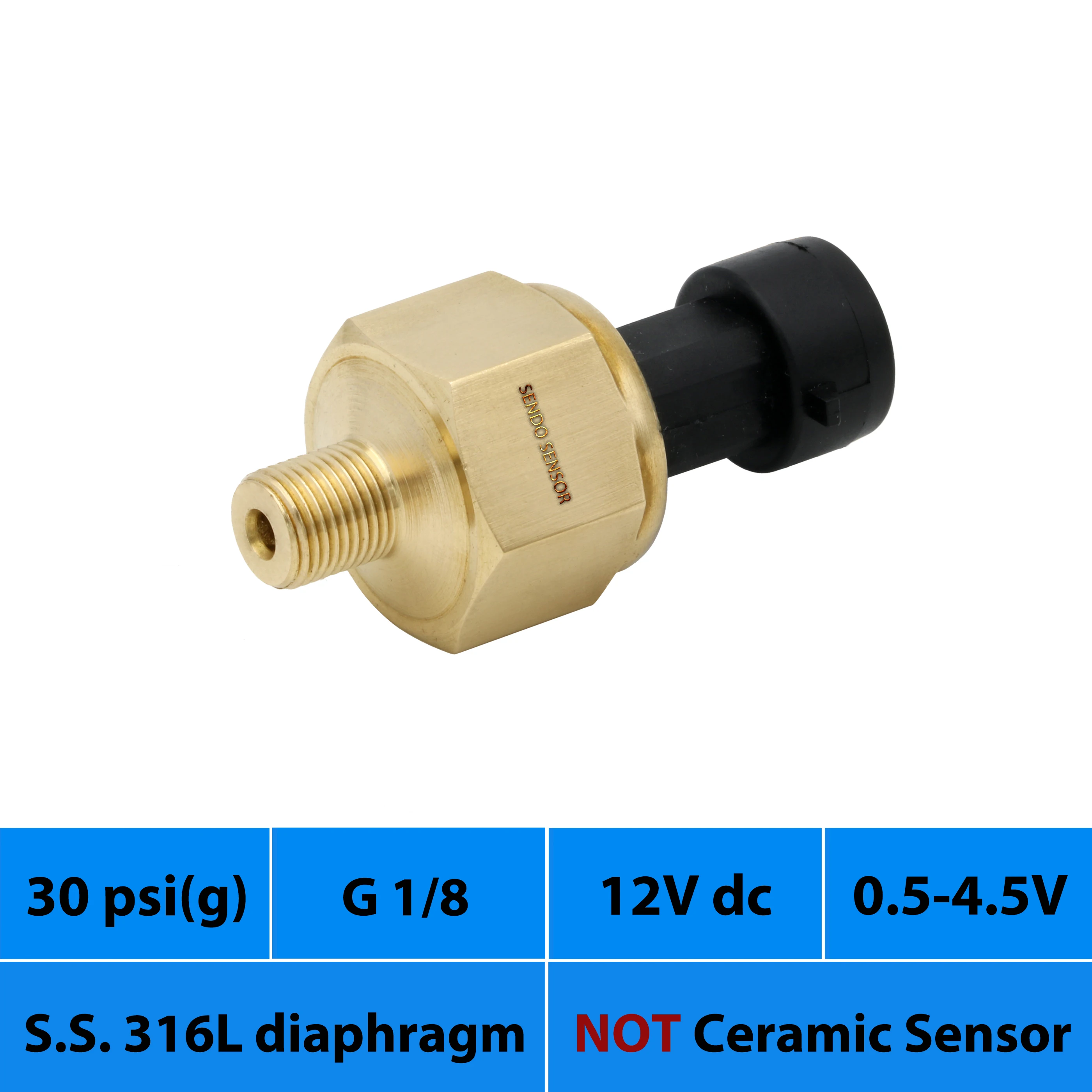 

2bar gauge, 0 to 30psi, 200KPa, pressure sensor, 12V, 24V dc supply, 0.5 to 4.5V signal, AISI 316L diaphragm, G1 8,brass housing