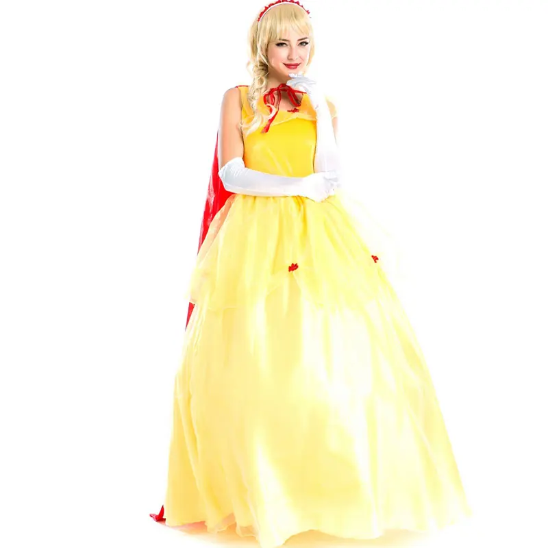 

Bauty Princess Costume Adult Fantasia Cosplay costume yellow silk queen costume with red cape and white gloves x4613