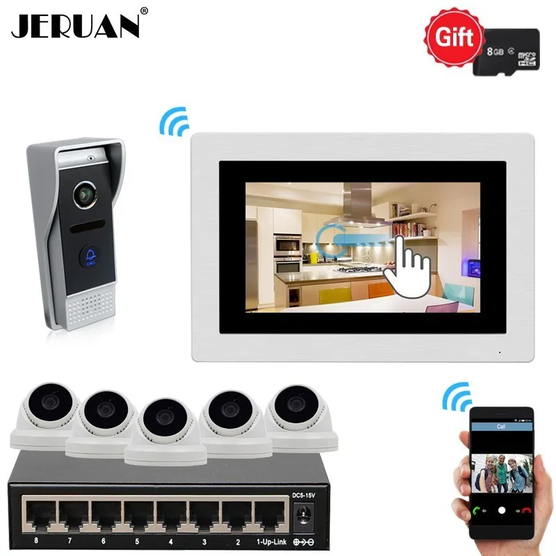 

JERUAN 720P AHD HD IP WIFI 7 Inch Touch Screen Video Doorbell Intercom System kit Record Monitor IR Camera With 5 IP Cameras