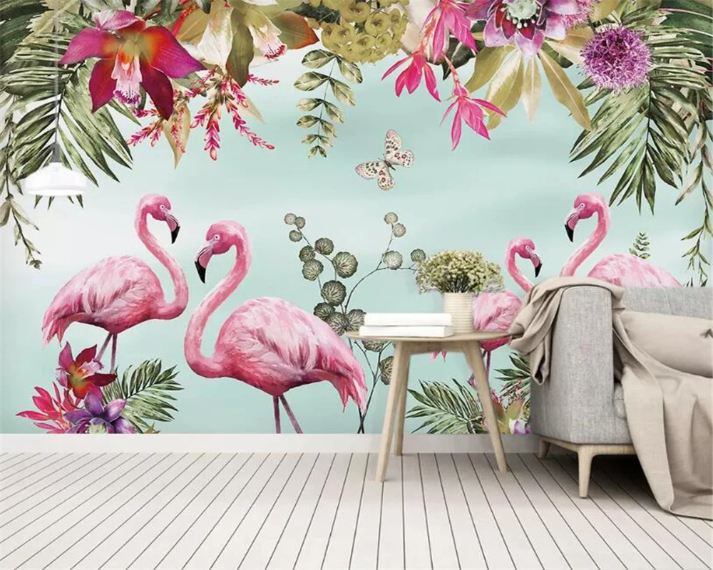 

Beibehang Custom Photo Wallpaper Mural Hand Painted Tropical banana leaf flamingo flowers papel de parede wallpapers home decor