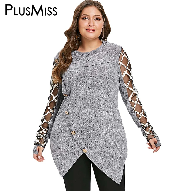 

PlusMiss Plus Size 5XL-L Asymmetrical Sexy Mesh Lace Knitted Sweater Women Oversized Jumper Tunic Pullover Knit Pull Femme Tops