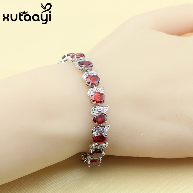 

Hot Sell Fashion Silver Color Jewelry Red Created Garnet White Austrian Crystal Chain-Link Bracelet length 18+2cm For Women