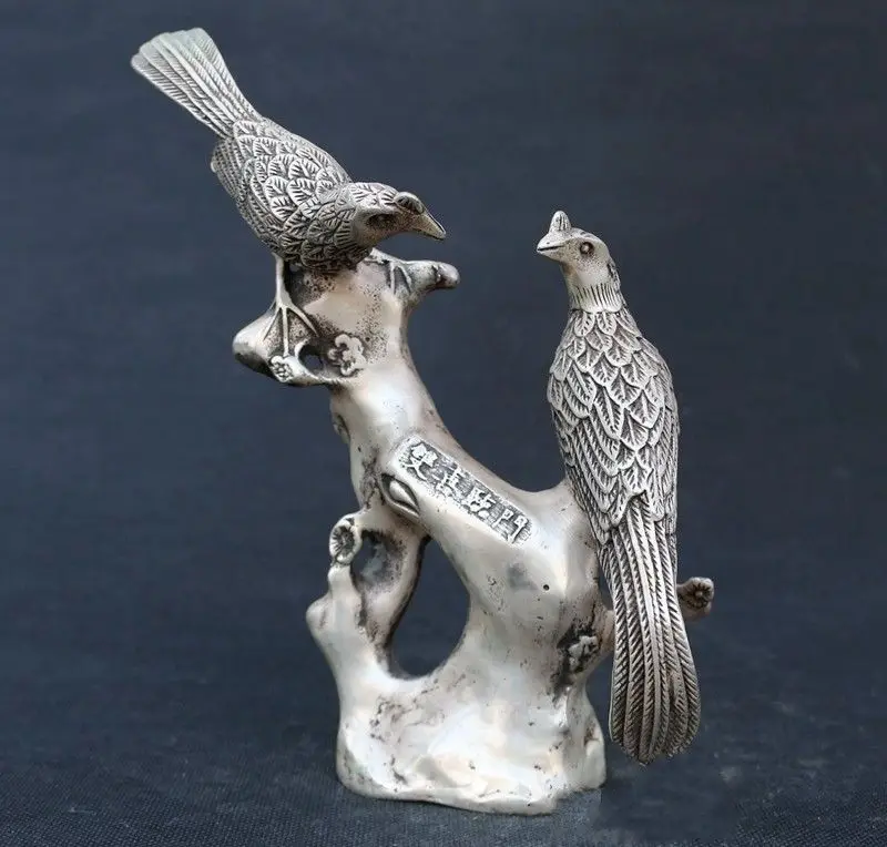 

Fengshui China Silver 2 Magpie Bird Plum Blossom Flower Lucky Auspicious Statue