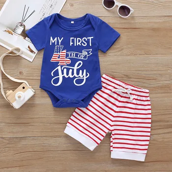 2019 Summer Toddler Baby Boys Girls My First July 4 Printed Romper + Striped Shorts 2PC Clothes Set blue color 
2019 Summer Toddler Baby Boys Girls My First July 4 Printed Romper + Striped Shorts 2PC Clothes Set blue color