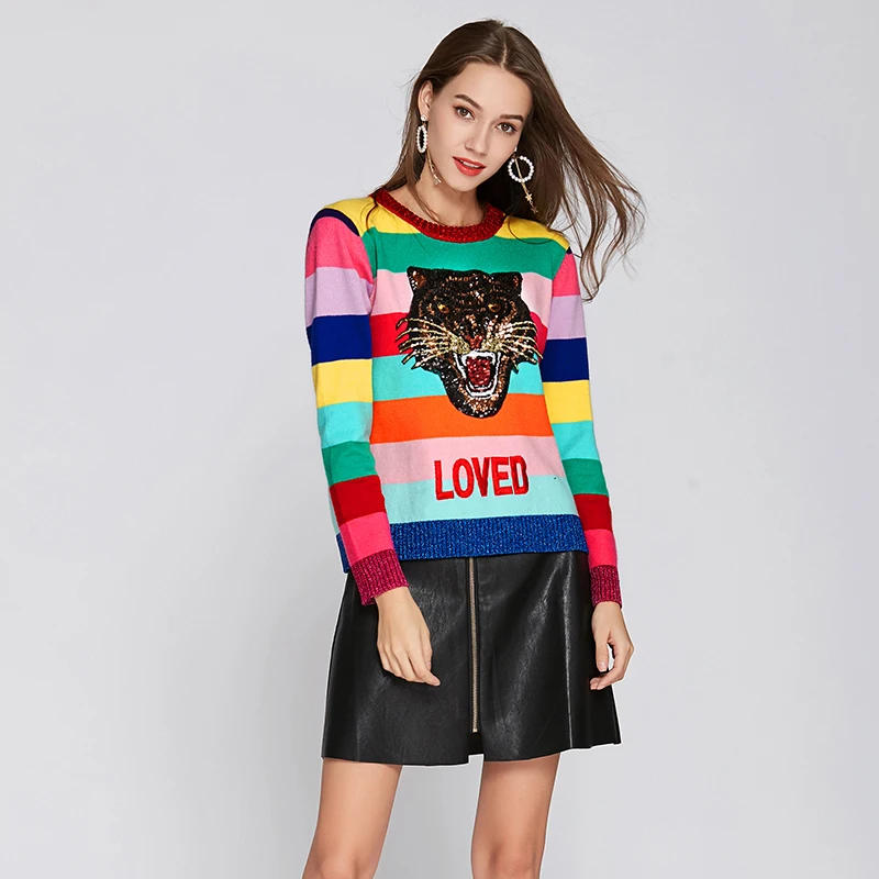 Luxury Sweaters Women Soft Rabbit Fur Pullovers Cartoon Tiger Embroidery Letters Knitted Sweaters Rainbow Striped Sweaters 2018
Luxury Sweaters Women Soft Rabbit Fur Pullovers Cartoon Tiger Embroidery Letters Knitted Sweaters Rainbow Striped Sweaters 2018