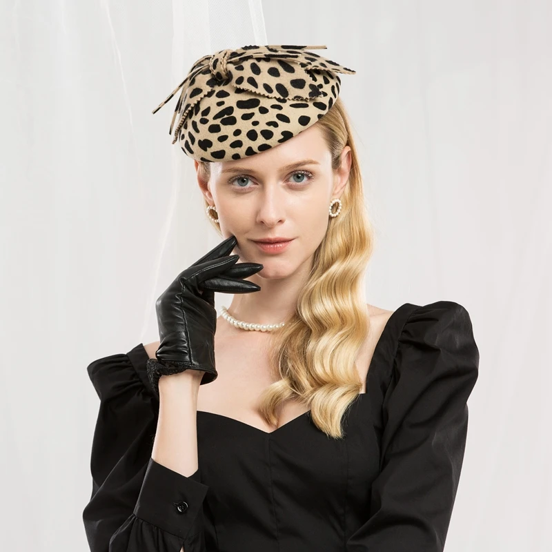 Lady Fedoras Hats Female Party Autumn Winter New Vintage British Leopard Decoration Dress Headdress Adjust A27 | Аксессуары для