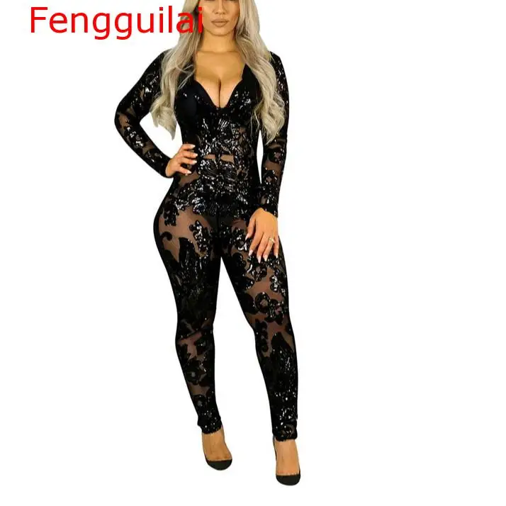 Fengguilai Long Sleeve Black Perspective Sequins Rompers Womens Jumpsuit Bandage Bodycon Bodysuit Sexy Club Wear Deep V Neck
Fengguilai Long Sleeve Black Perspective Sequins Rompers Womens Jumpsuit Bandage Bodycon Bodysuit Sexy Club Wear Deep V Neck