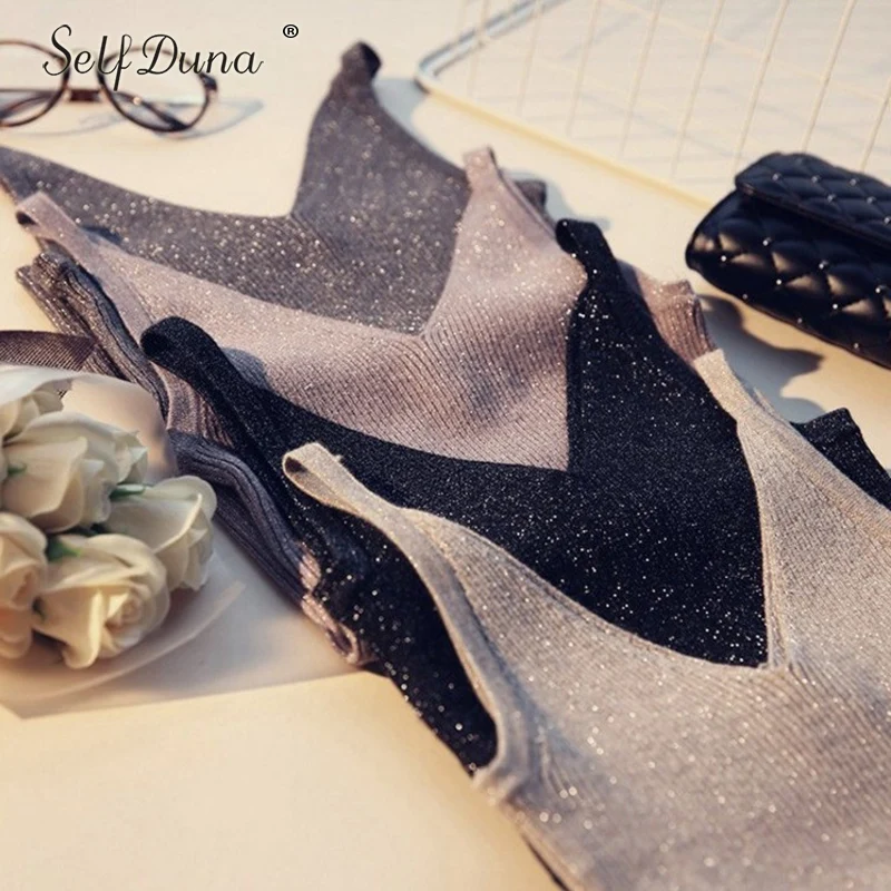 Self Duna 2018 Summer Women Knitted Tank Female Vest V Neck Sleeveless White Black Pink Sequin Camisole Tank Sexy Crop Tops
Self Duna 2018 Summer Women Knitted Tank Female Vest V Neck Sleeveless White Black Pink Sequin Camisole Tank Sexy Crop Tops
