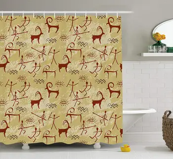 Tribal Shower Curtain, Old Historic Ethnic Symbols Cave Painting Style Pattern People Arrows Deers, Fabric Bathroom Decor Set
Tribal Shower Curtain, Old Historic Ethnic Symbols Cave Painting Style Pattern People Arrows Deers, Fabric Bathroom Decor Set