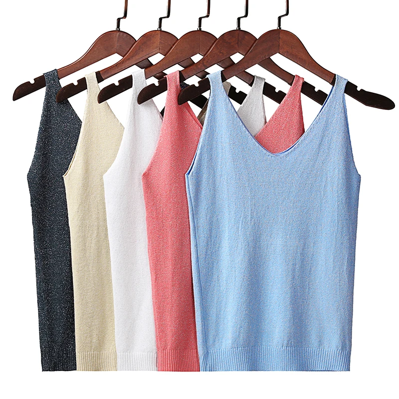 Sexy Knitted Tank Tops Women Gold Thread Top Vest Sequined V Neck Long Tank Tops Blusa Solid Silver Camis Beige Fitness Sweater
Sexy Knitted Tank Tops Women Gold Thread Top Vest Sequined V Neck Long Tank Tops Blusa Solid Silver Camis Beige Fitness Sweater